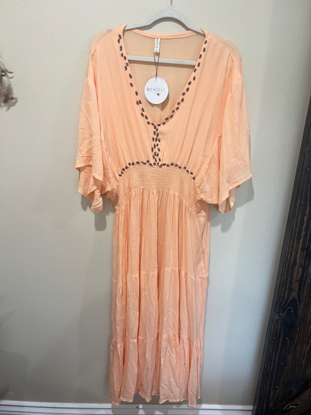 Boho Me -  Peach Tiered V-Neck Smocked Maxi Dress